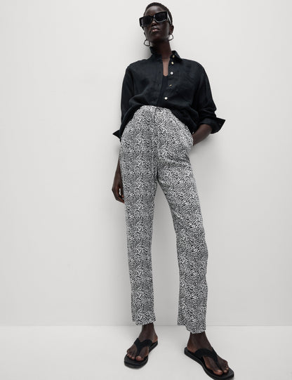 %100 Twill Pamuklu Desenli Yüksek Bel Dar Paça Pantolon