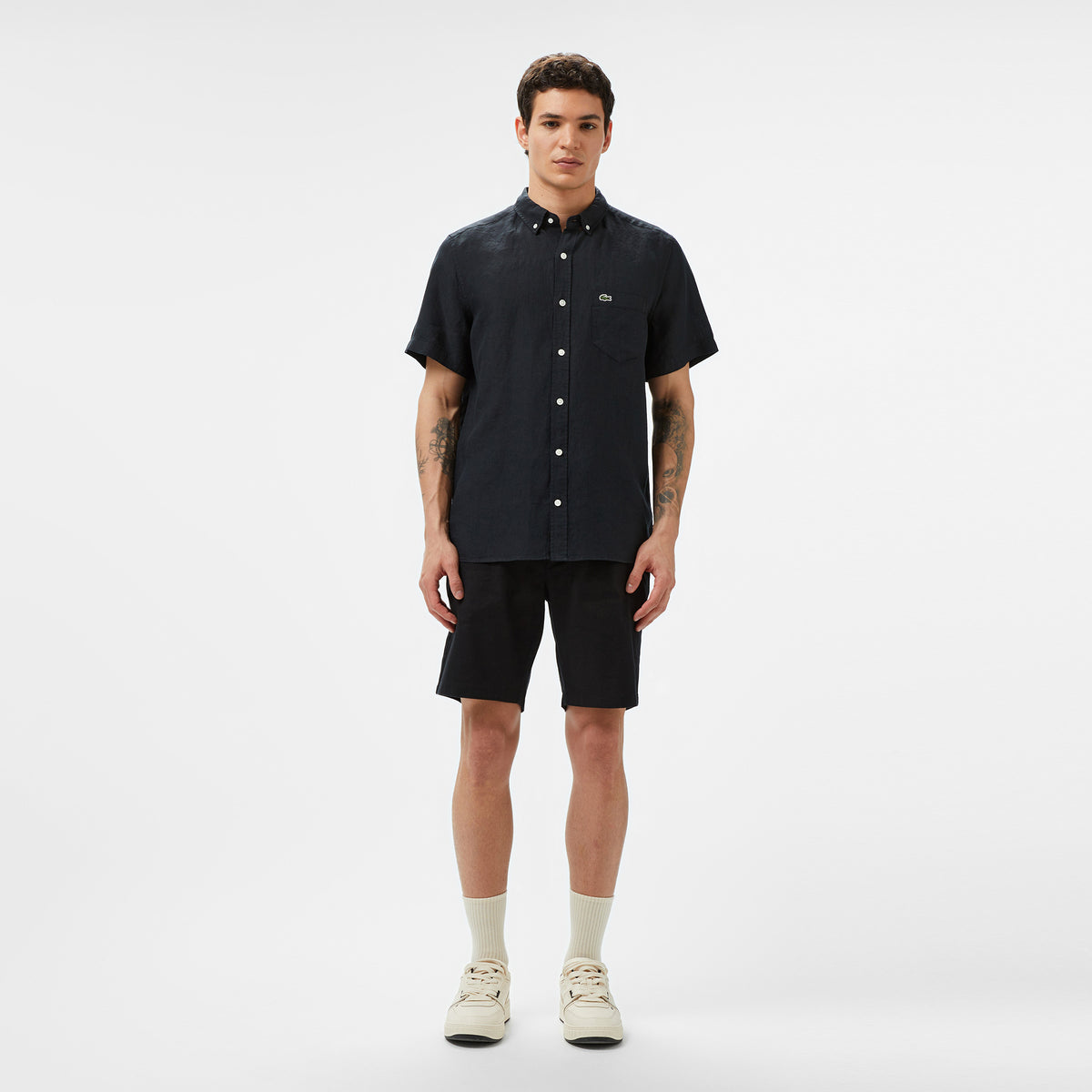 Lacoste Erkek Regular Fit Kısa Kollu Düğmeli Yaka Keten Siyah Gömlek