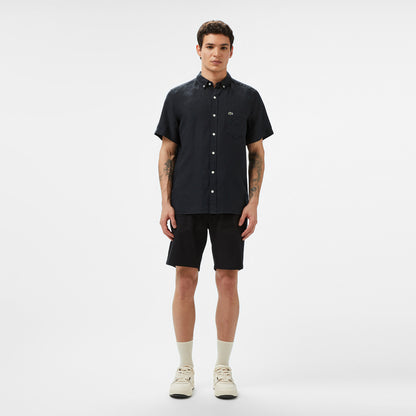 Lacoste Erkek Regular Fit Kısa Kollu Düğmeli Yaka Keten Siyah Gömlek