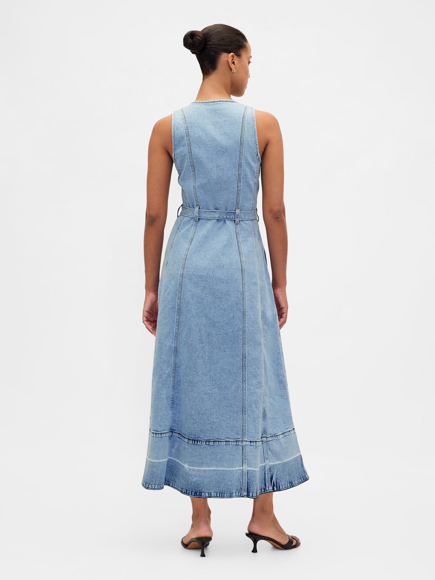 Açık Mavi Denim Kemerli Düğmeli Maxi Elbise