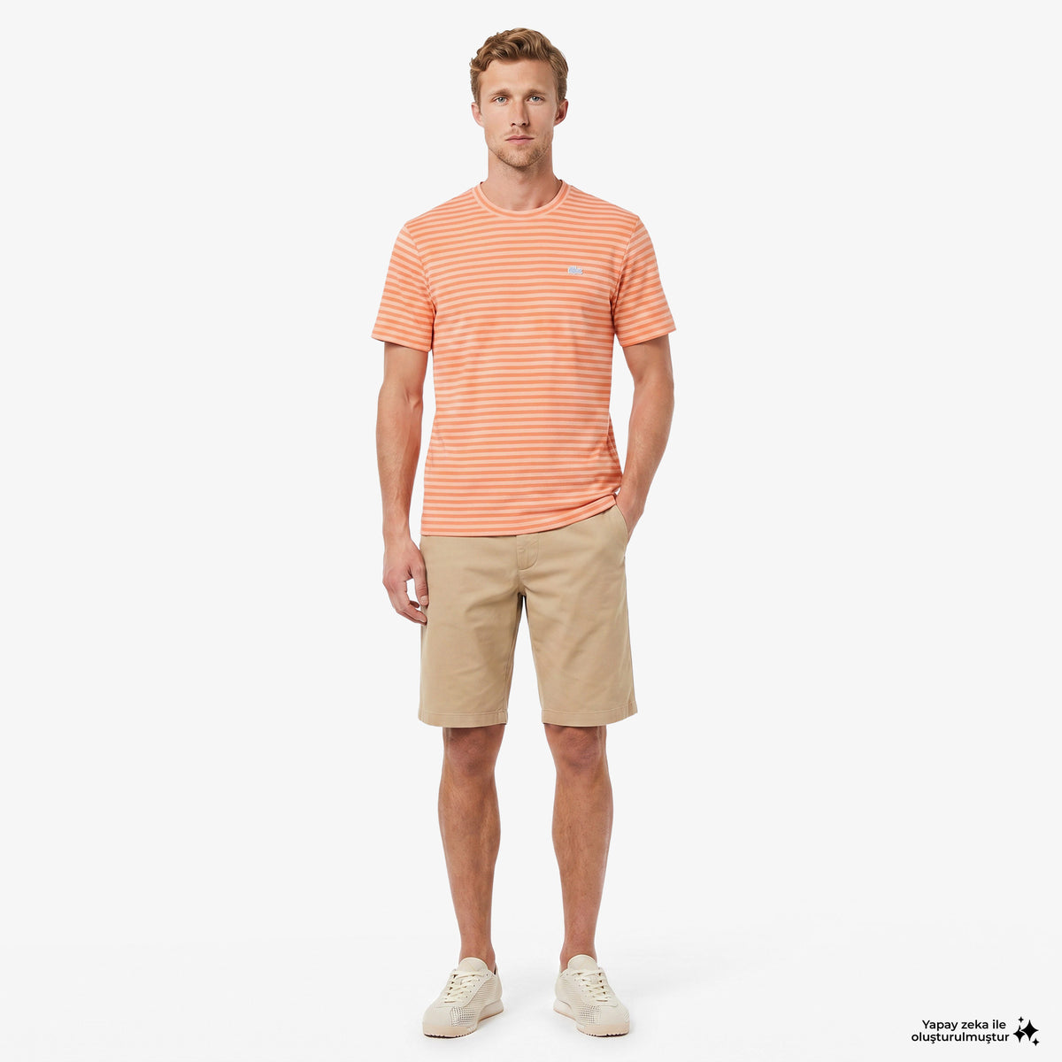 Lacoste Erkek Classic Fit Bisiklet Yaka Çizgili Turuncu T-shirt