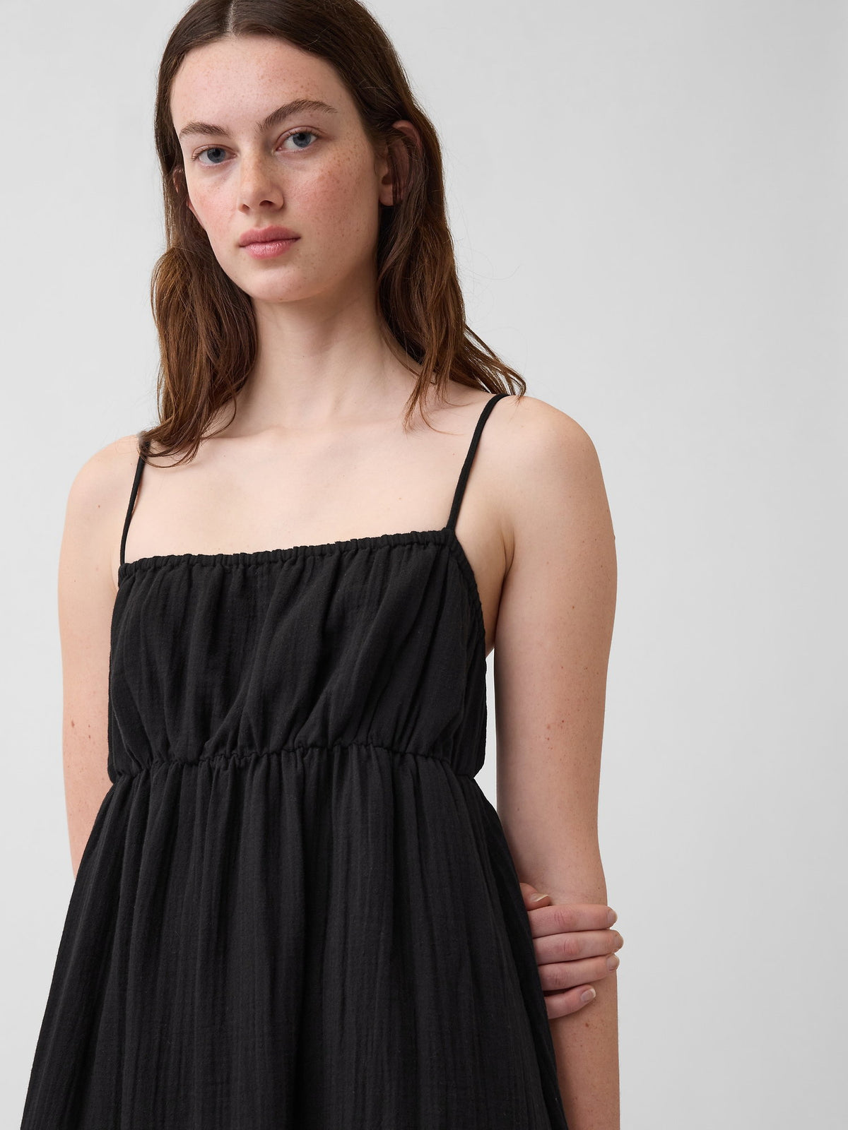 Siyah Gauze Tiered Empire Waist Elbise