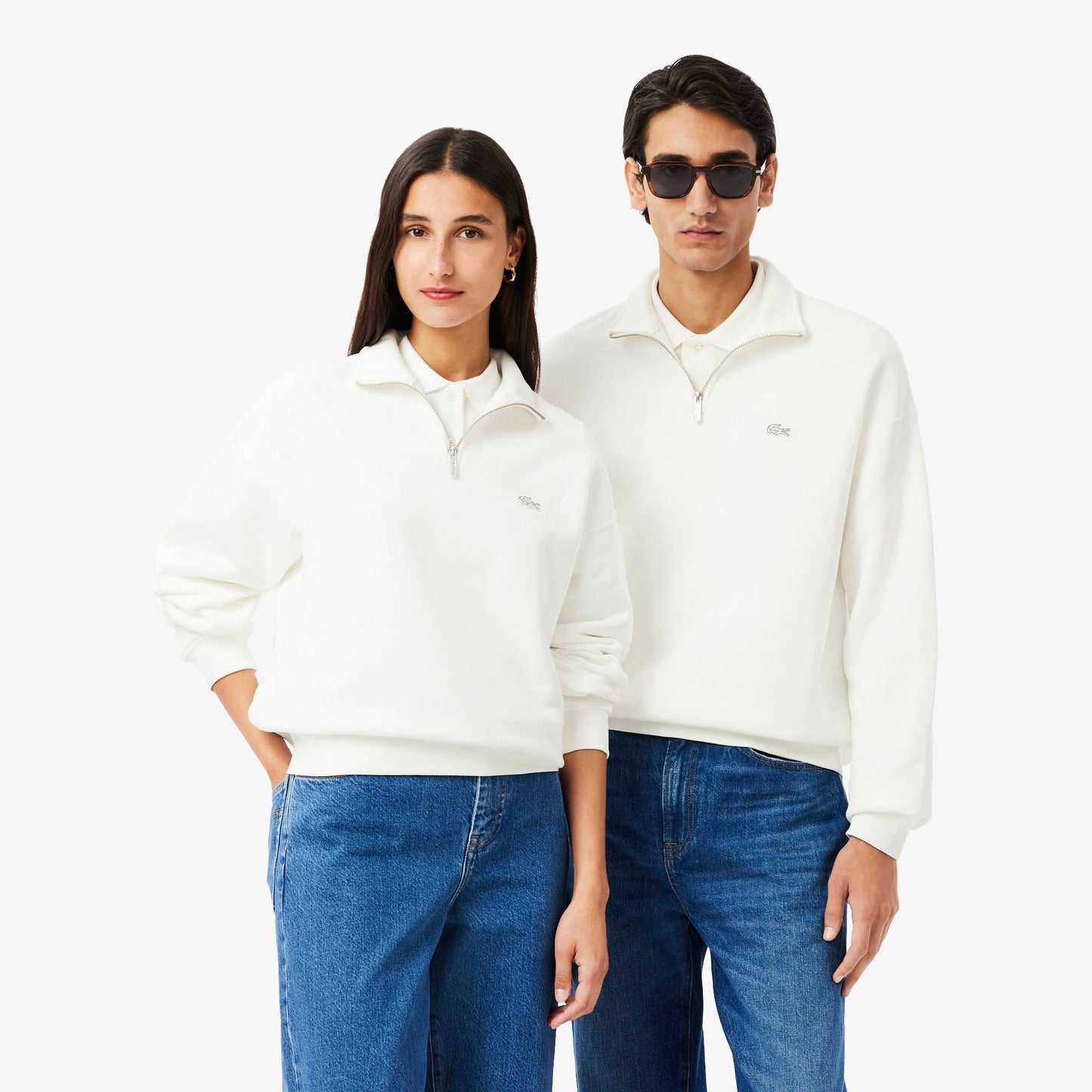 Lacoste Heavy Fleece Zipper Neck Unisex Beyaz Sweatshirt