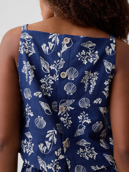 Koyu Mavi Keten Karışımlı Apron Bluz