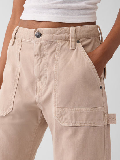 Bej Mid Rise Barrel Utility Ankle Pantolon