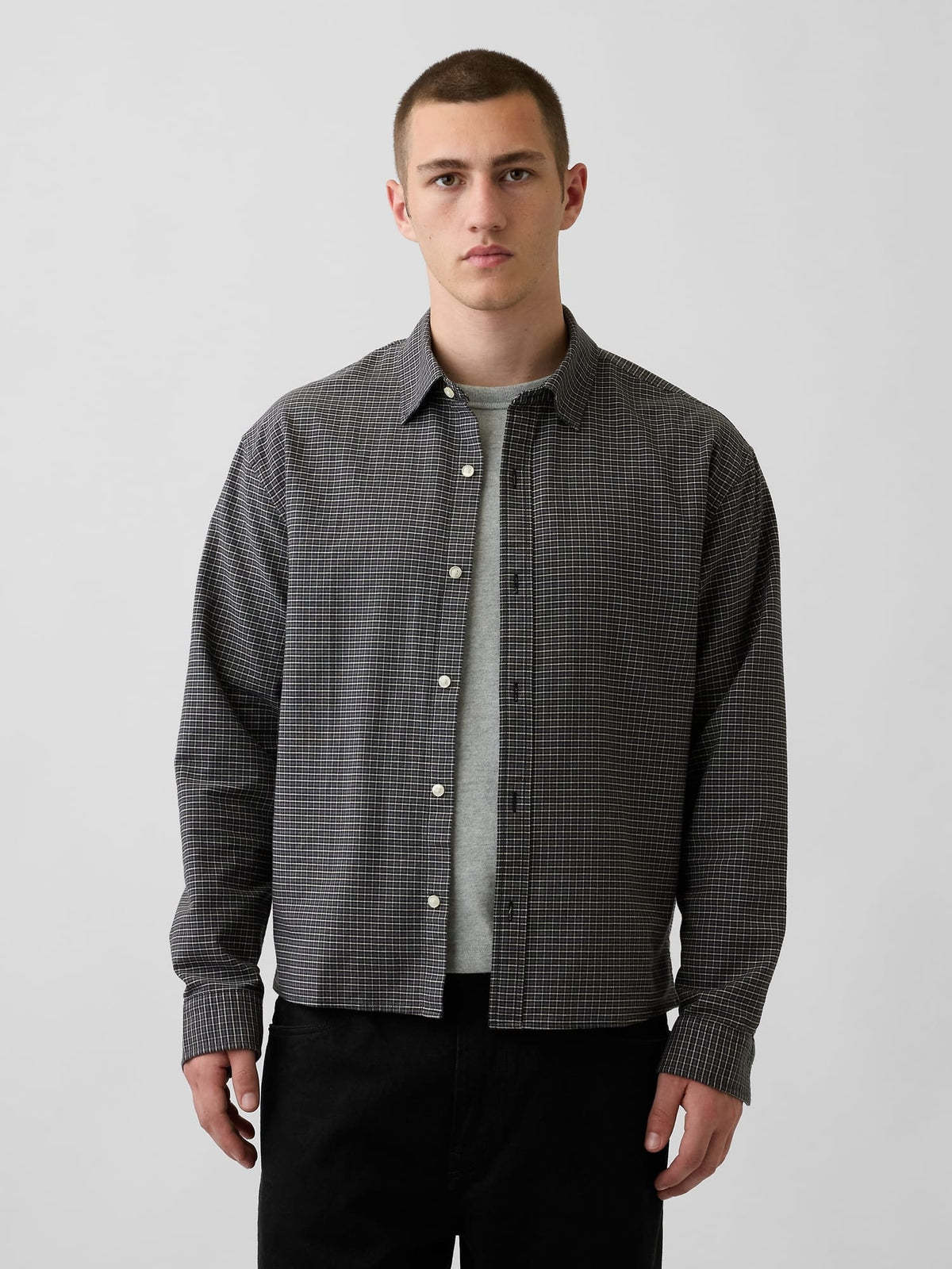 Gri Relaxed Crop Straight-hem Oxford Gömlek