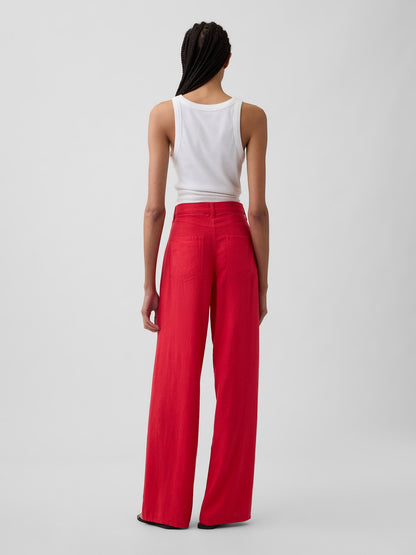 Kırmızı High Rise Keten Karışımı Wide-leg Pantolon