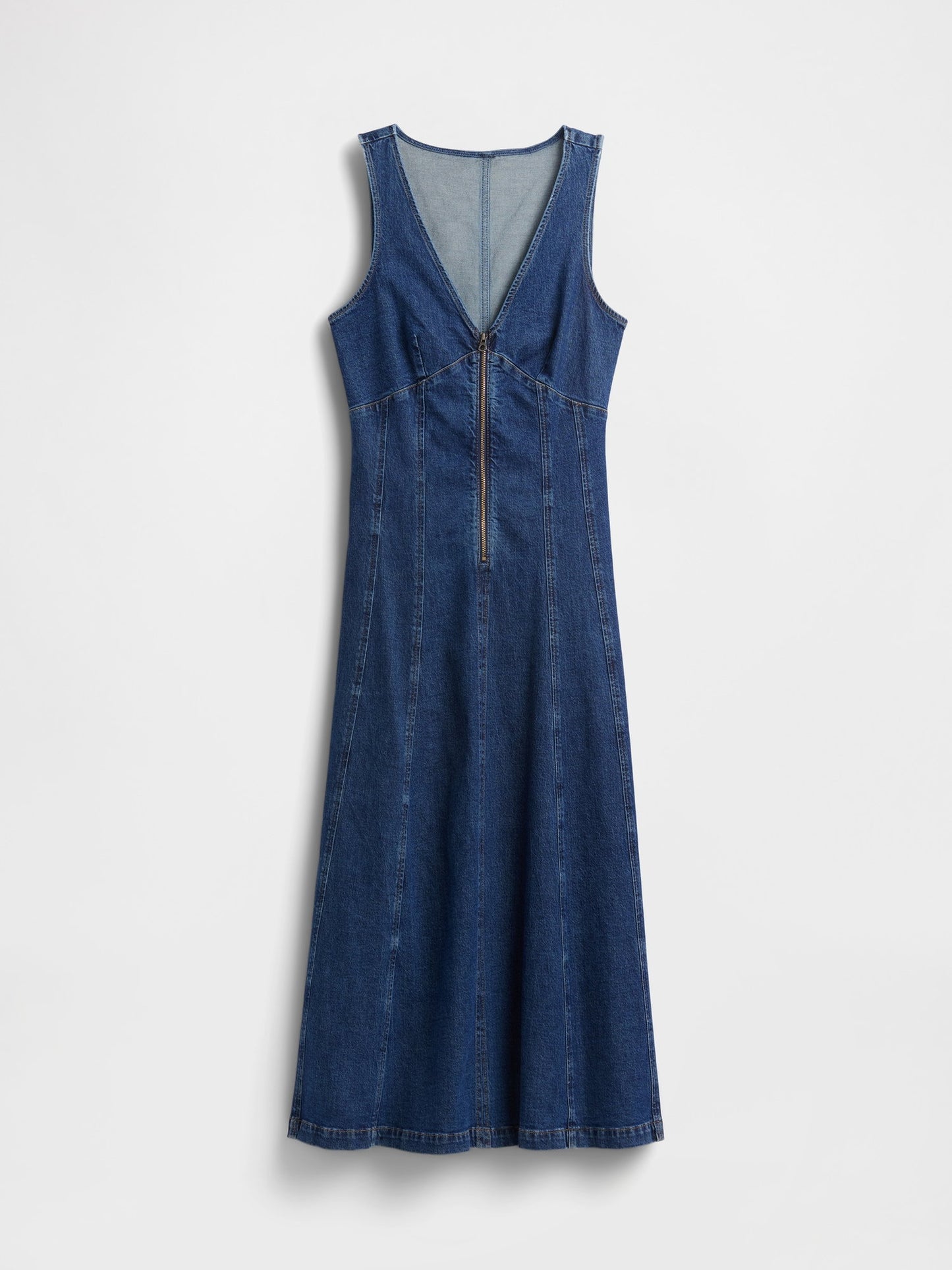 Koyu Mavi Denim Seamed Fermuarlı Midi Elbise