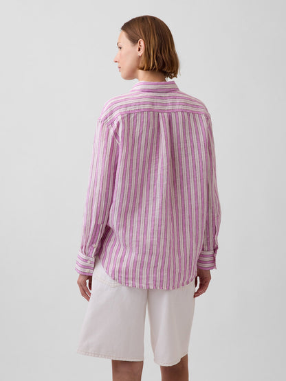 Pembe 100% Keten Oversize Gömlek