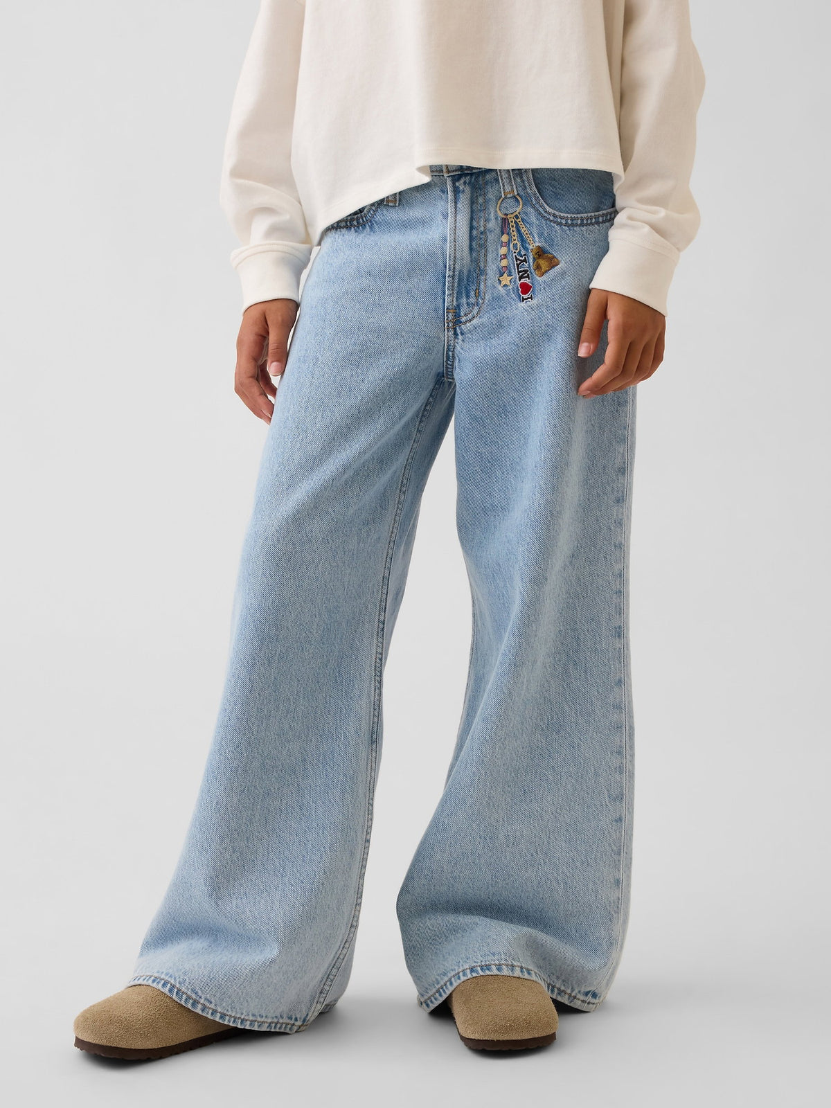 Açık Mavi Low Rise Işlemeli I Love Ny Baggy Jean Pantolon