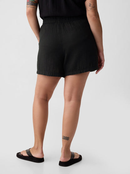 Siyah Crinkle Gauze Pull-on Şort