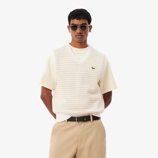 Lacoste Erkek Classic Fit V Yaka Krem Süveter