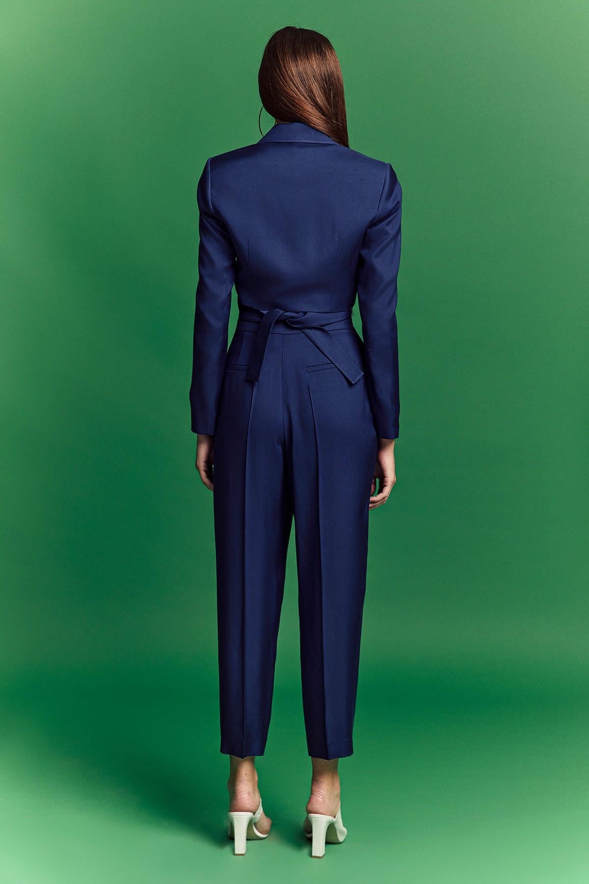 Bağlama Detaylı Lacivert Crop Blazer