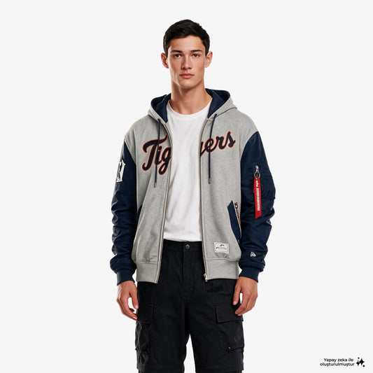 Alpha Industries X New Era Detroit Tigers Ma-1 Fermuarlı Erkek Gri Sweatshirt