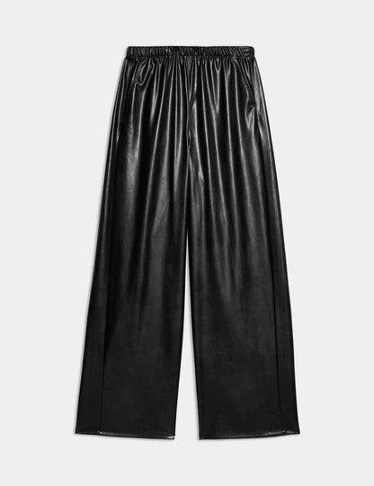 Deri Görünümlü Wide Leg Pantolon