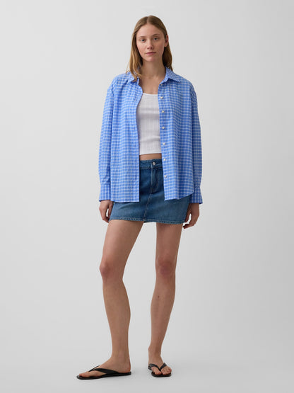 Açık Mavi Seersucker Kareli Oversized Gömlek