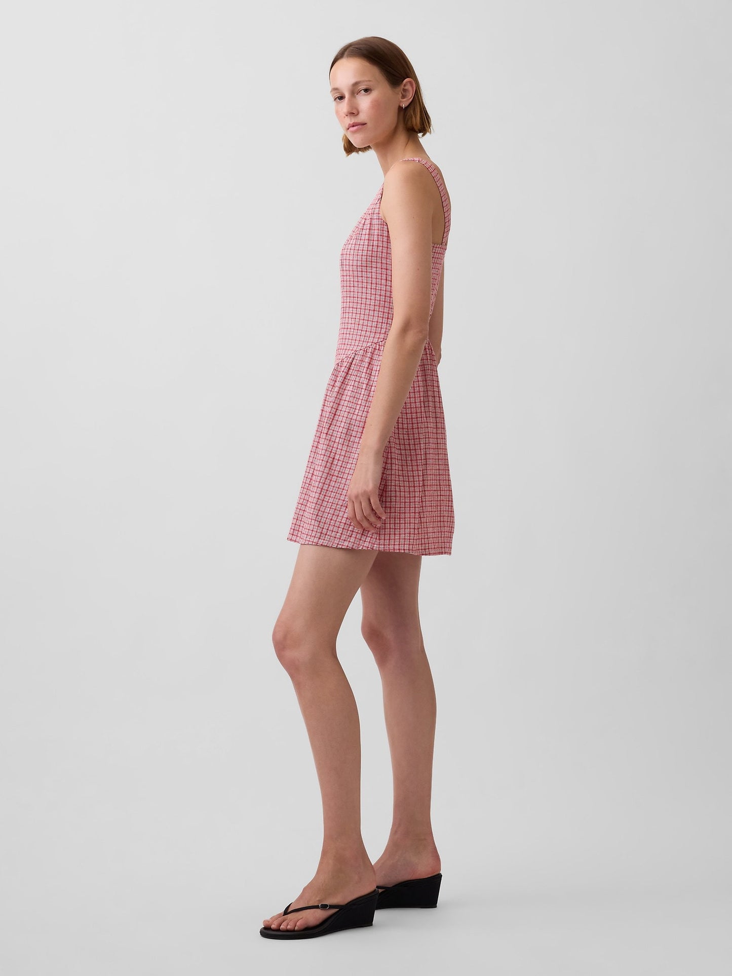 Kırmızı Keten Karışımlı Drop-waist Mini Elbise