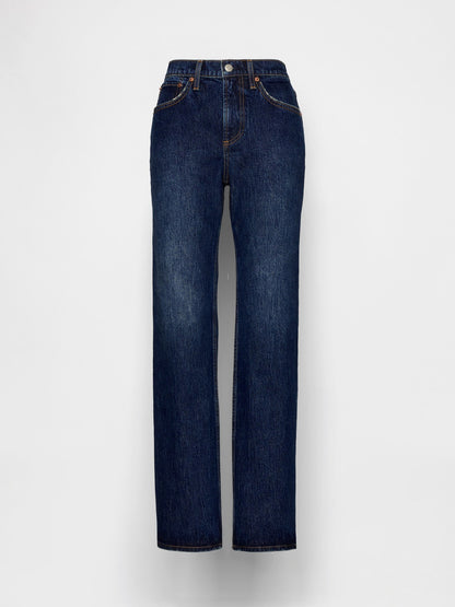 Koyu Mavi Mid Rise Relaxed Straight Jean Pantolon