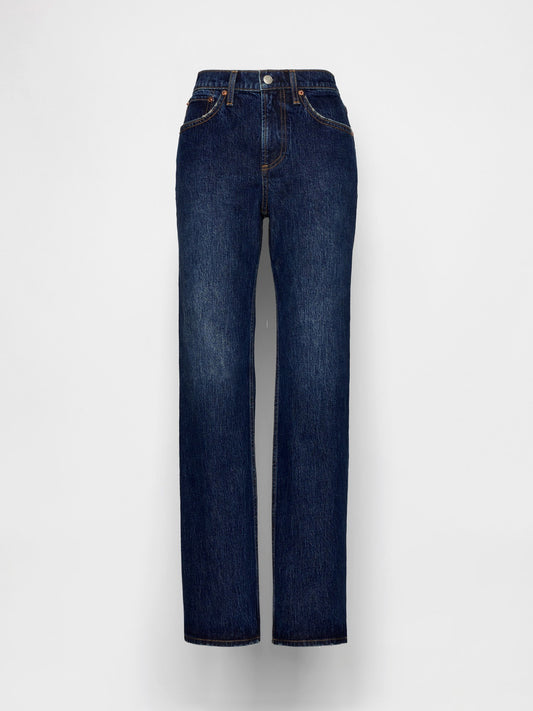 Koyu Mavi Mid Rise Relaxed Straight Jean Pantolon