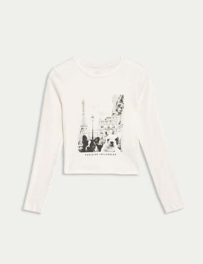 Saf Pamuklu Baskı Detaylı Uzun Kollu T-shirt