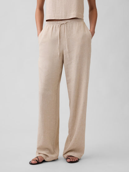 Bej Relaxed Keten Karışımlı Wide-leg Pantolon