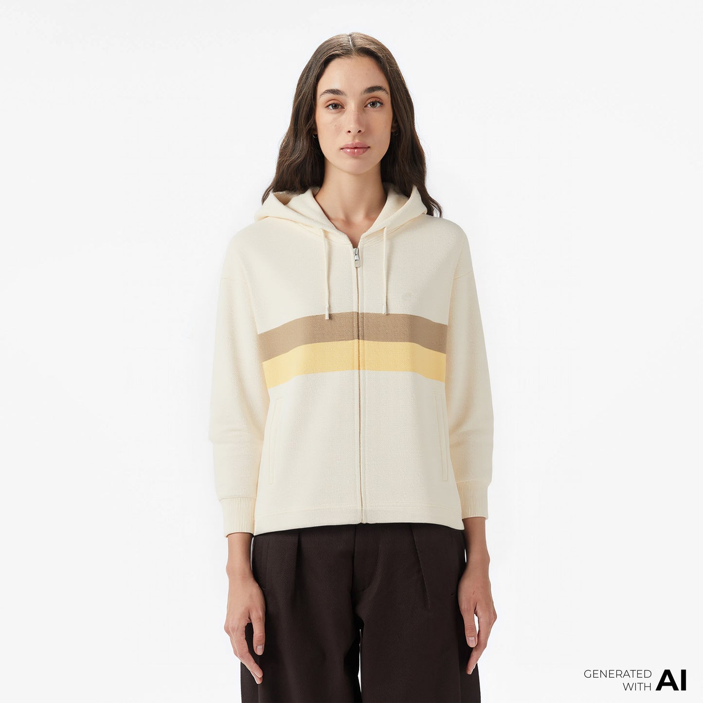 Lacoste Kadın Relaxed Fit Kapüşonlu Krem Sweatshirt
