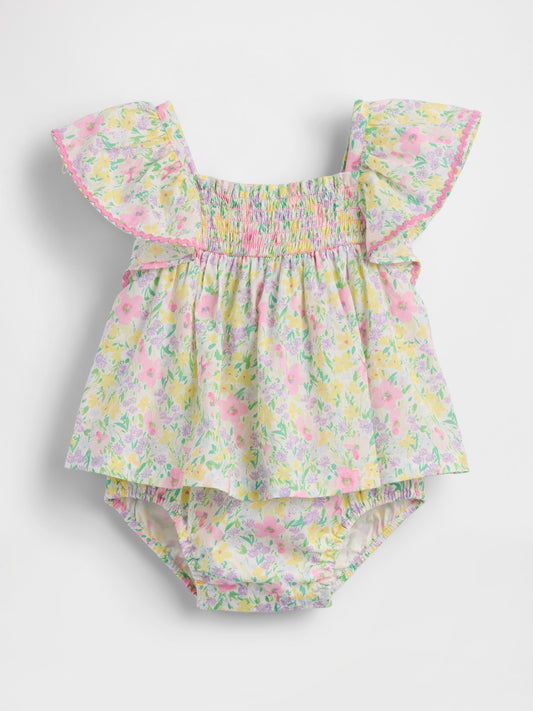 Çok Renkli Smocked Flutter-sleeve Bodysuit Elbise
