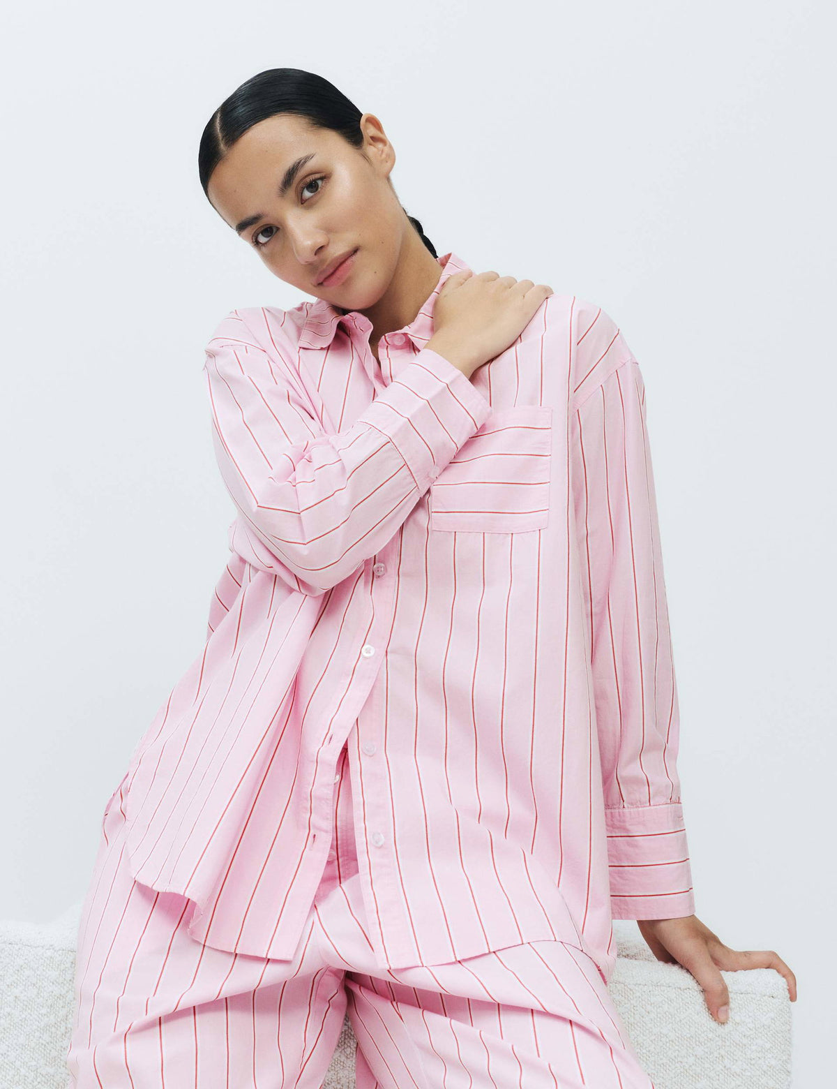 %100 Pamuk Poplin Çizgili Pijama Üstü