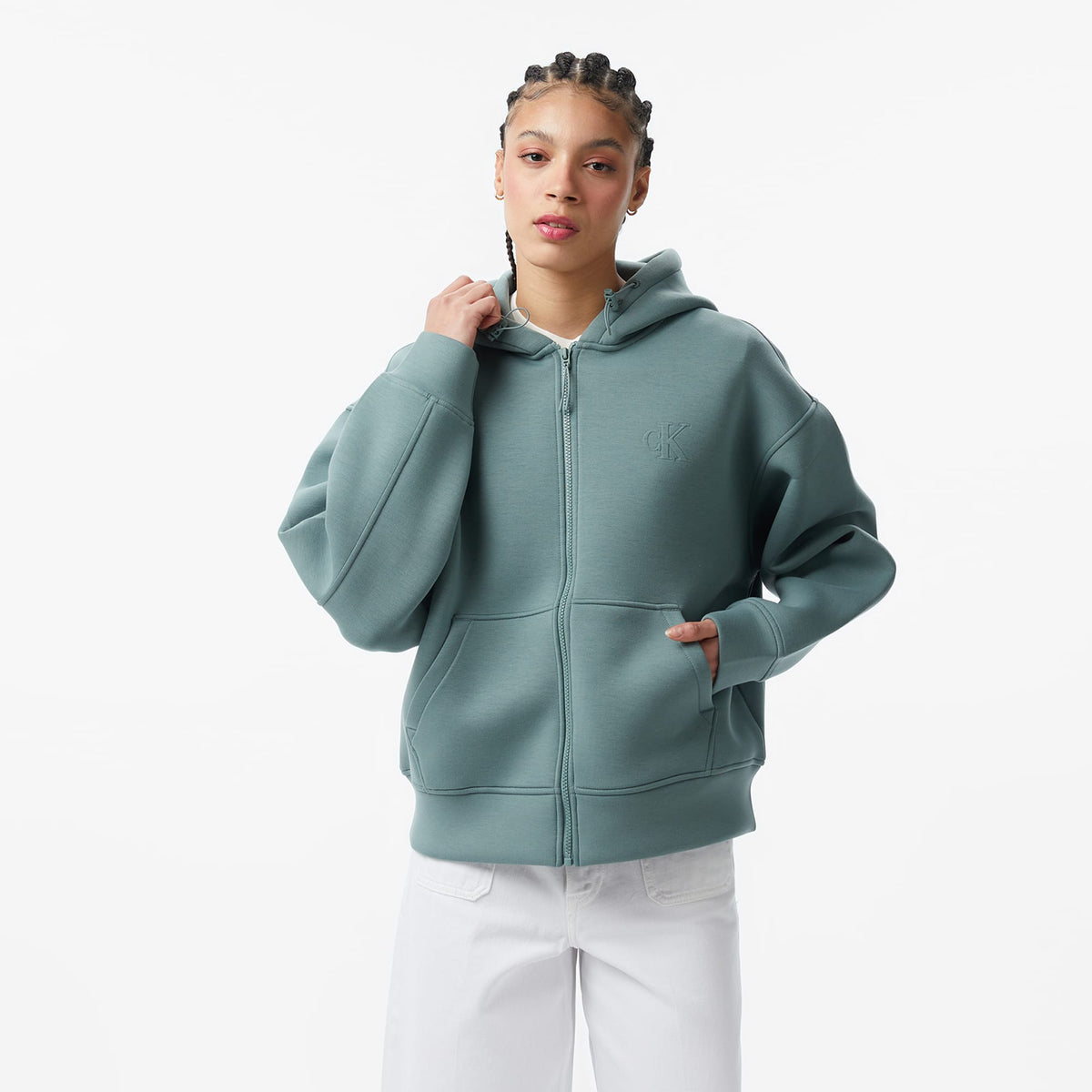 Calvin Klein Scuba Cropped Oversized Kadın Petrol Yeşili Hoodie