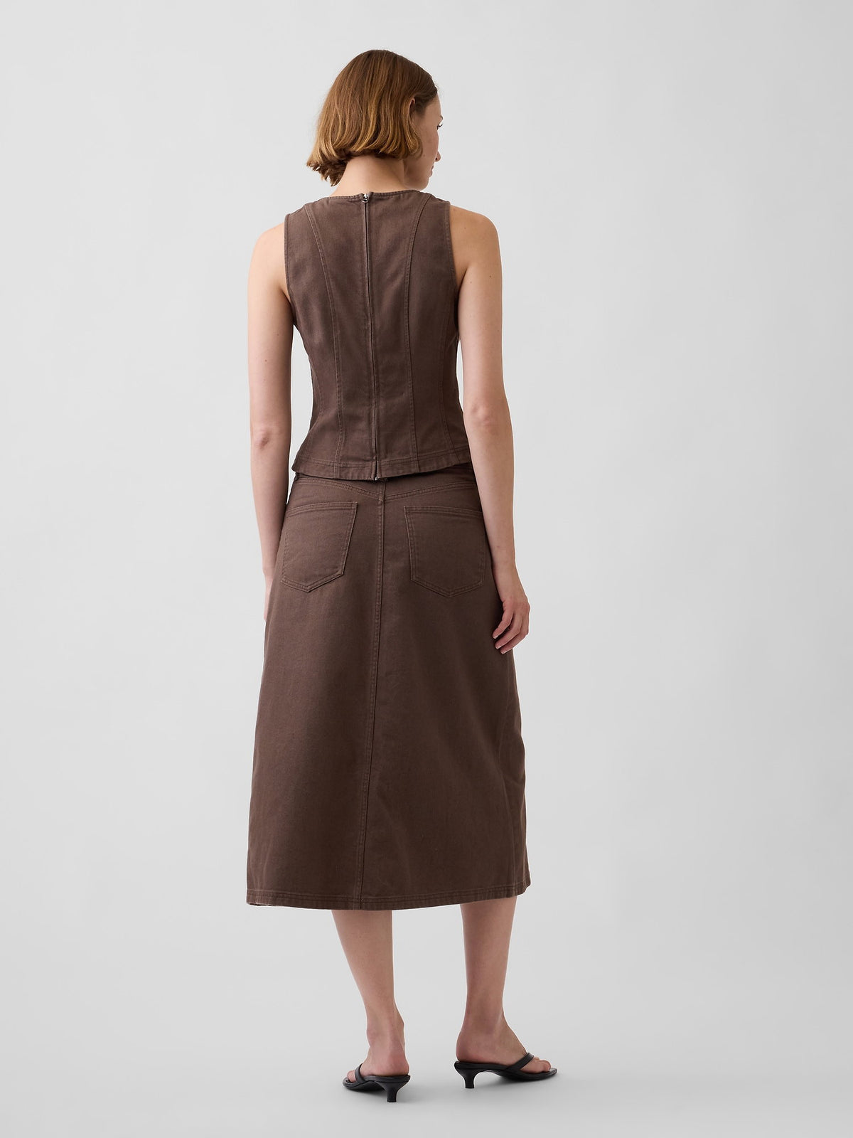 Kahverengi Twill Midi Etek