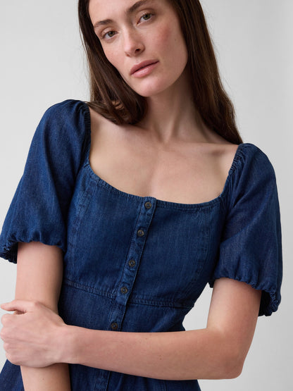 Koyu Mavi Denim Puff-sleeve Button-front Maxi Elbise