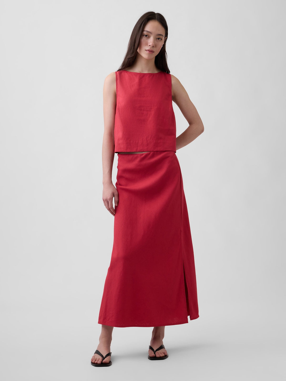 Kırmızı Keten Karışımı Maxi Slip Etek