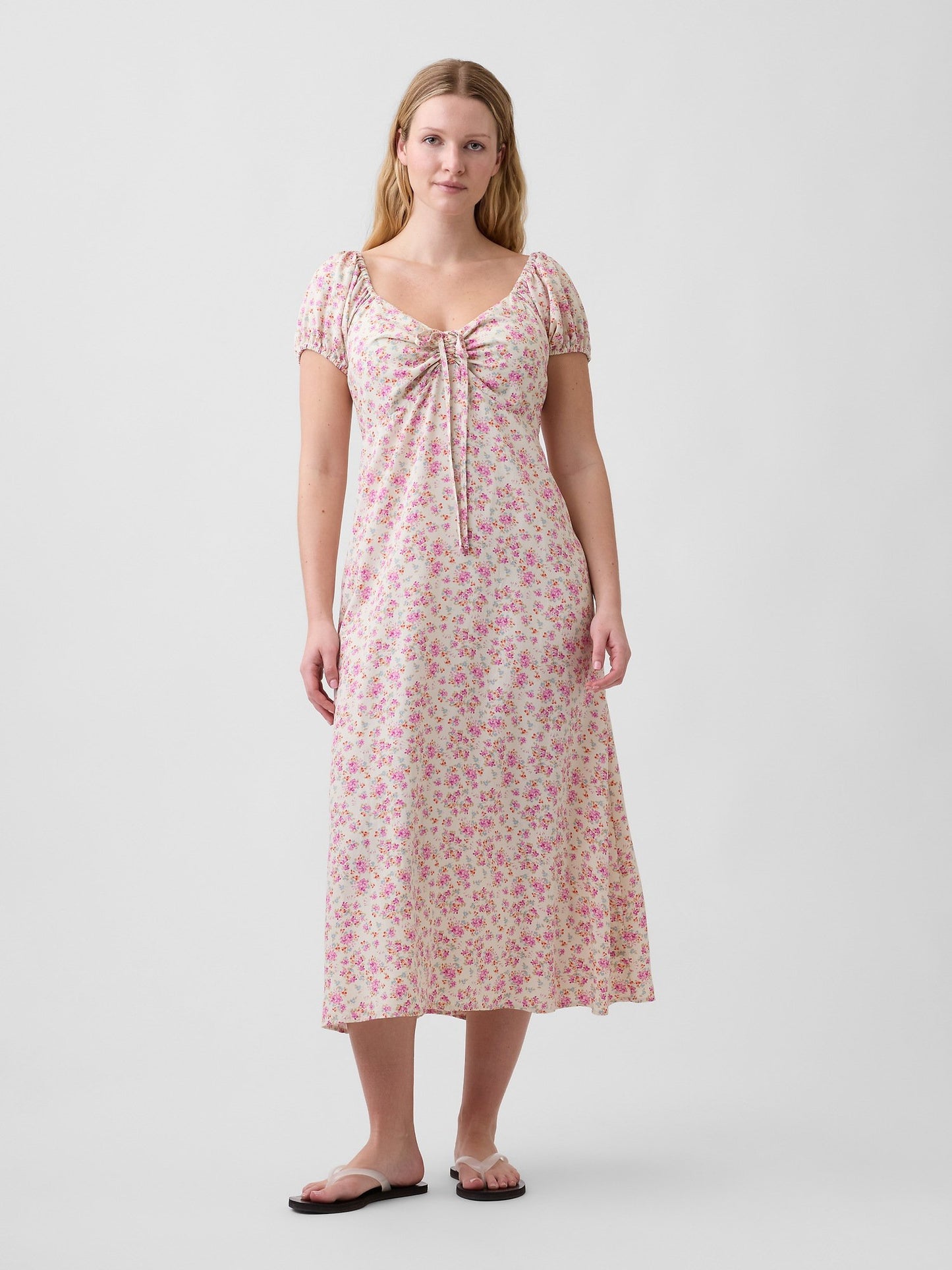 Pembe Print Puff Sleeve Midi Elbise