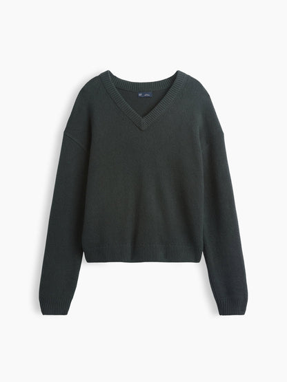 Koyu Yeşil Cashsoft Oversized V-yaka Kazak
