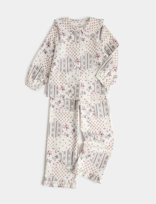 Saf Pamuklu Çiçek Desenli Patchwork Pijama Takımı