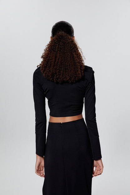 Büzgü Detaylı Siyah Crop Top