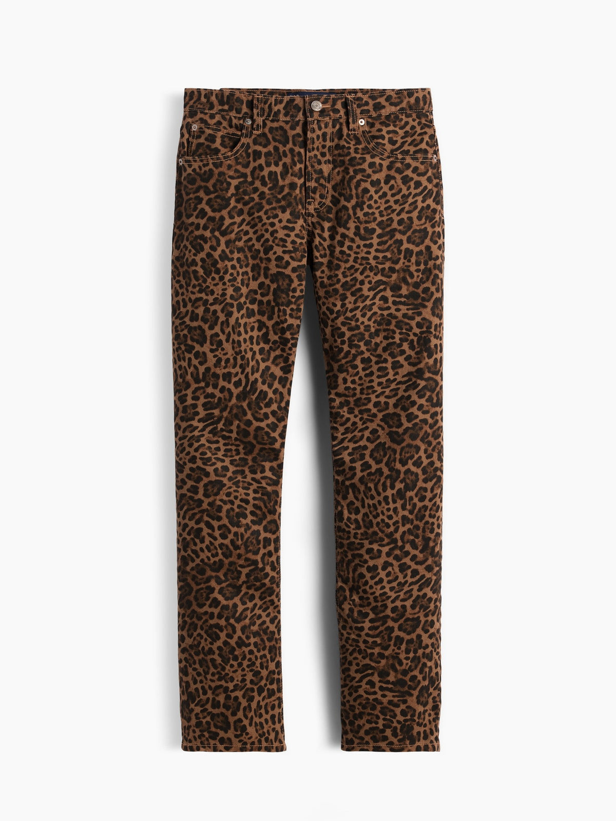 Kahverengi Mid Rise Straight Taper Leopar Jean Pantolon