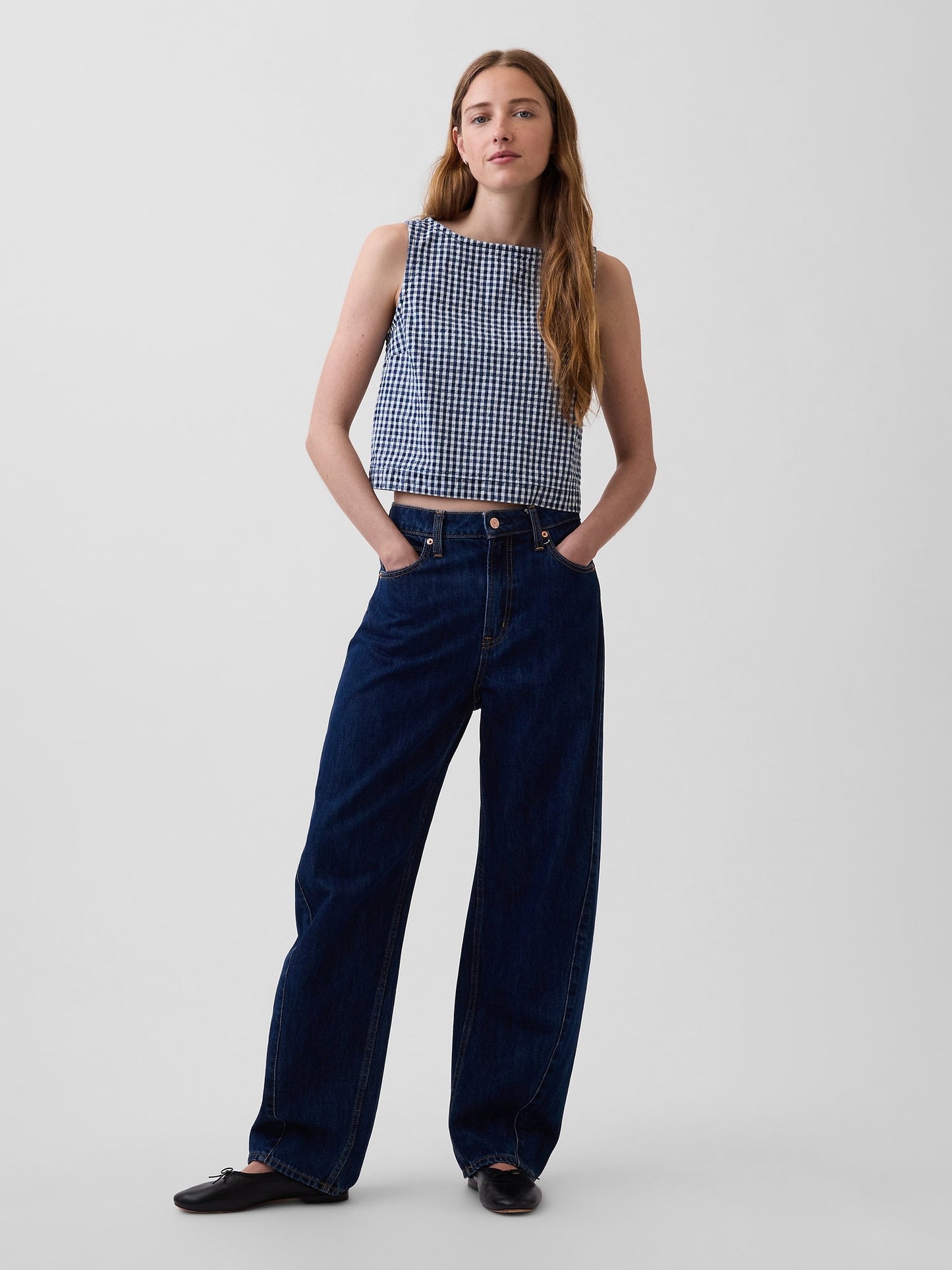 Lacivert Gingham Denim Crop Shell Kolsuz Üst