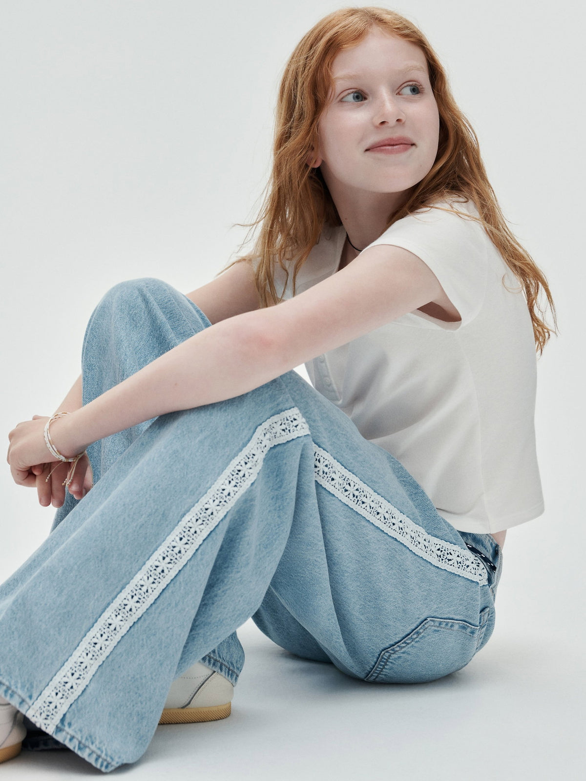 Açık Mavi Kids Low Rise Lace-trim Baggy Jean Pantolon