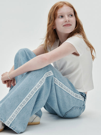 Açık Mavi Kids Low Rise Lace-trim Baggy Jean Pantolon