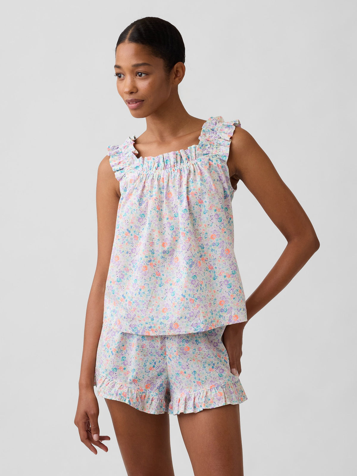 Çok Renkli Fırfırlı Poplin Şort Pijama Altı
