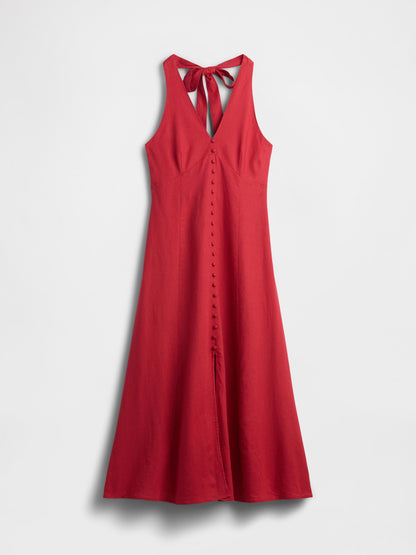 Kırmızı Keten Karışımlı Halter Maxi Elbise