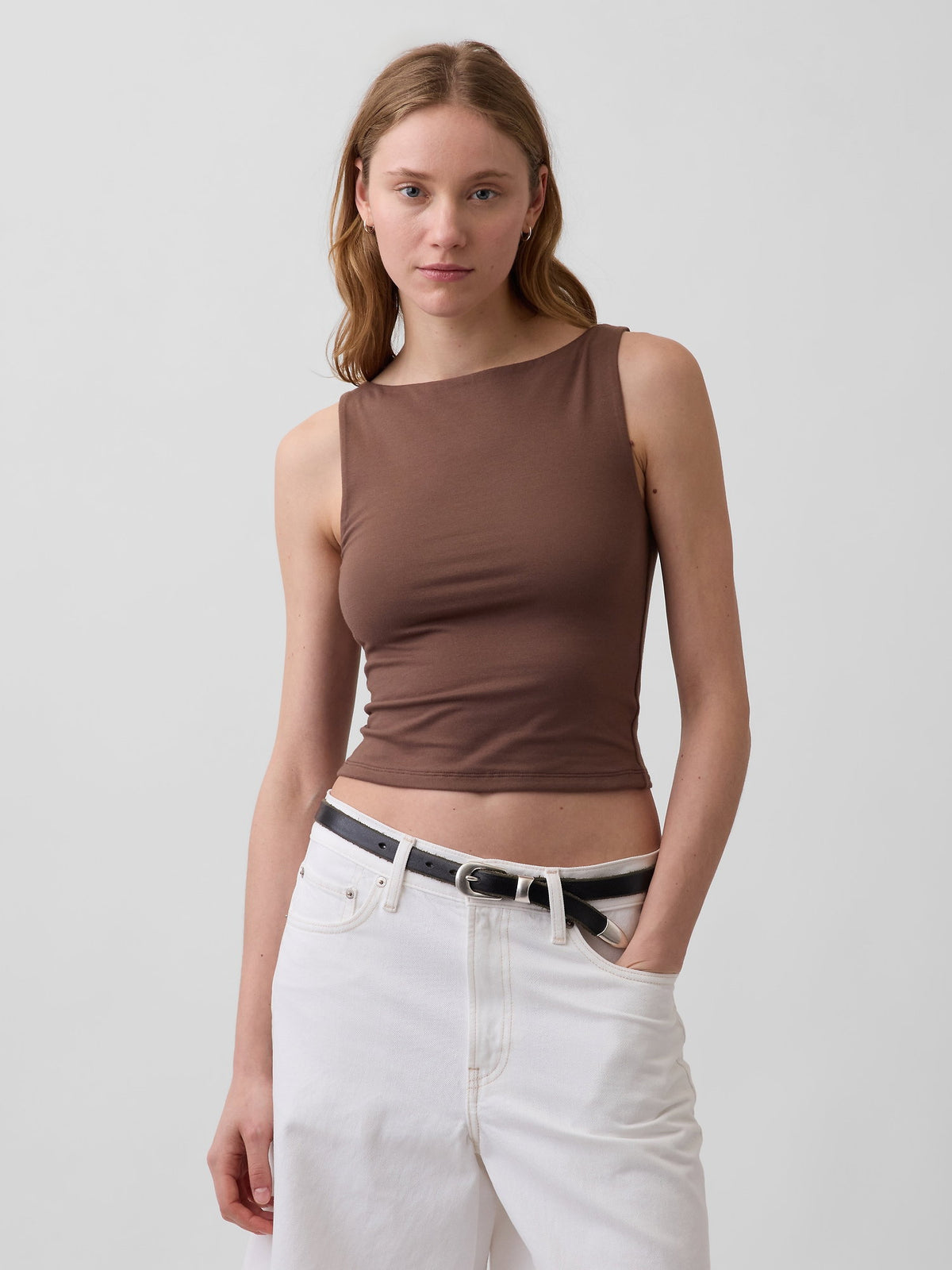 Kahverengi Closeknit Jersey Botneck Kısa Kolsuz Üst