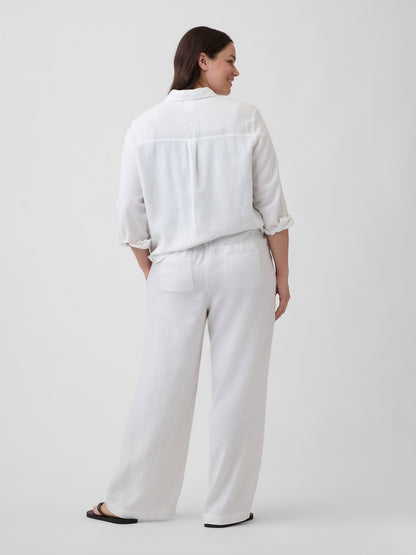 Beyaz Relaxed Keten Karışımlı Wide-leg Pantolon