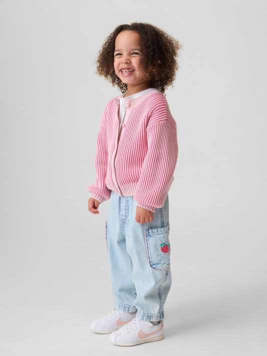 Açık Mavi Pull-on Çilek Işlemeli Kargo Barrel Jean Pantolon