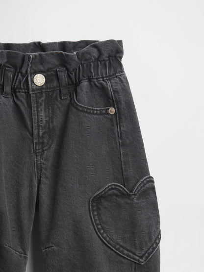 Siyah Paperbag Horseshoe Jean Pantolon