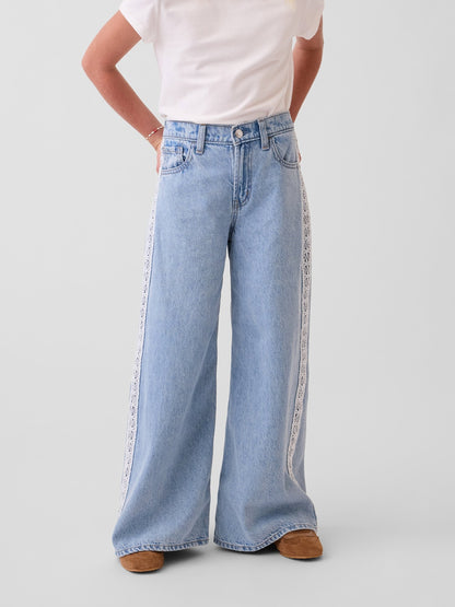 Açık Mavi Kids Low Rise Lace-trim Baggy Jean Pantolon
