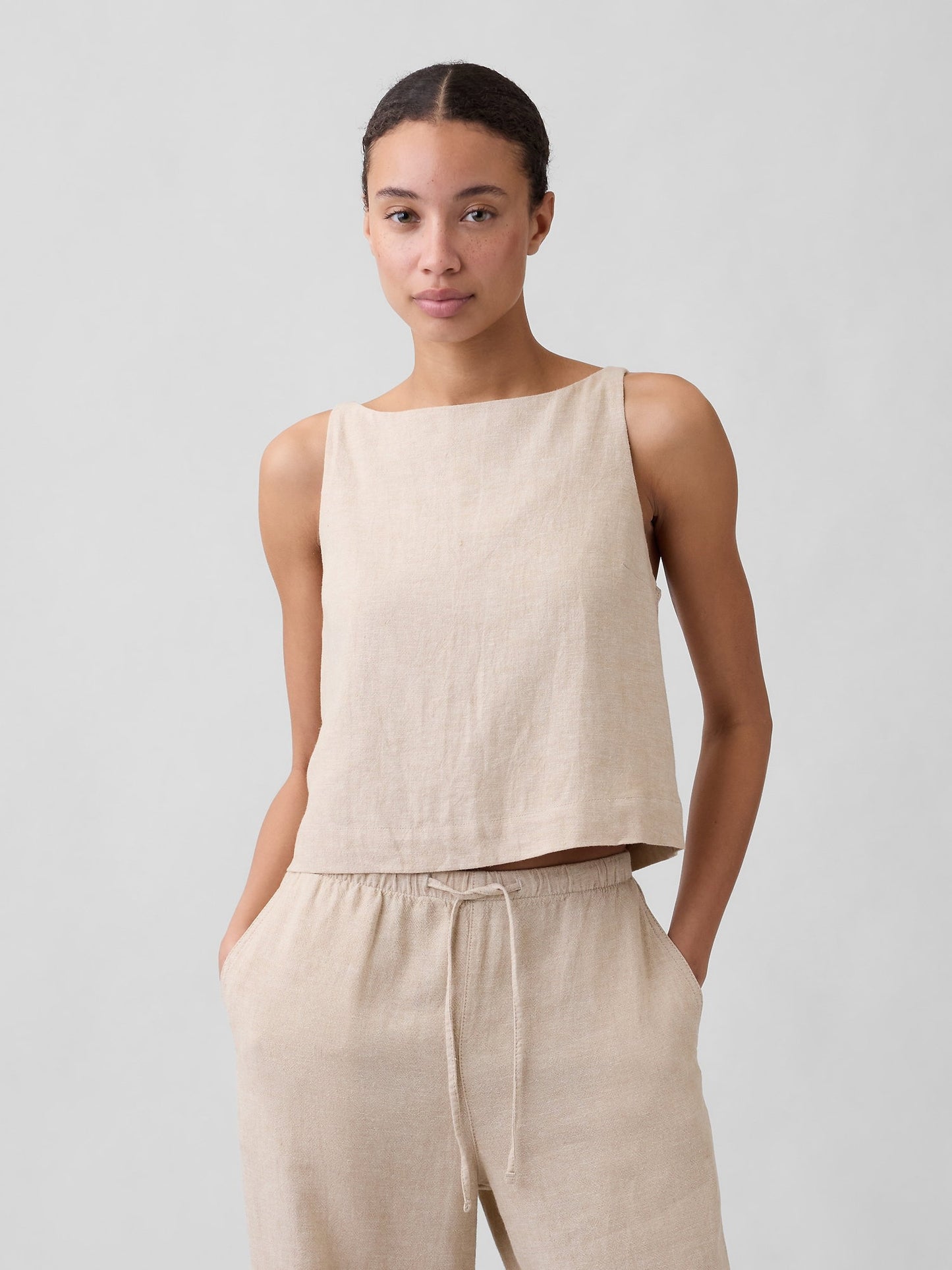 Bej Keten Karışımlı Apron Bluz
