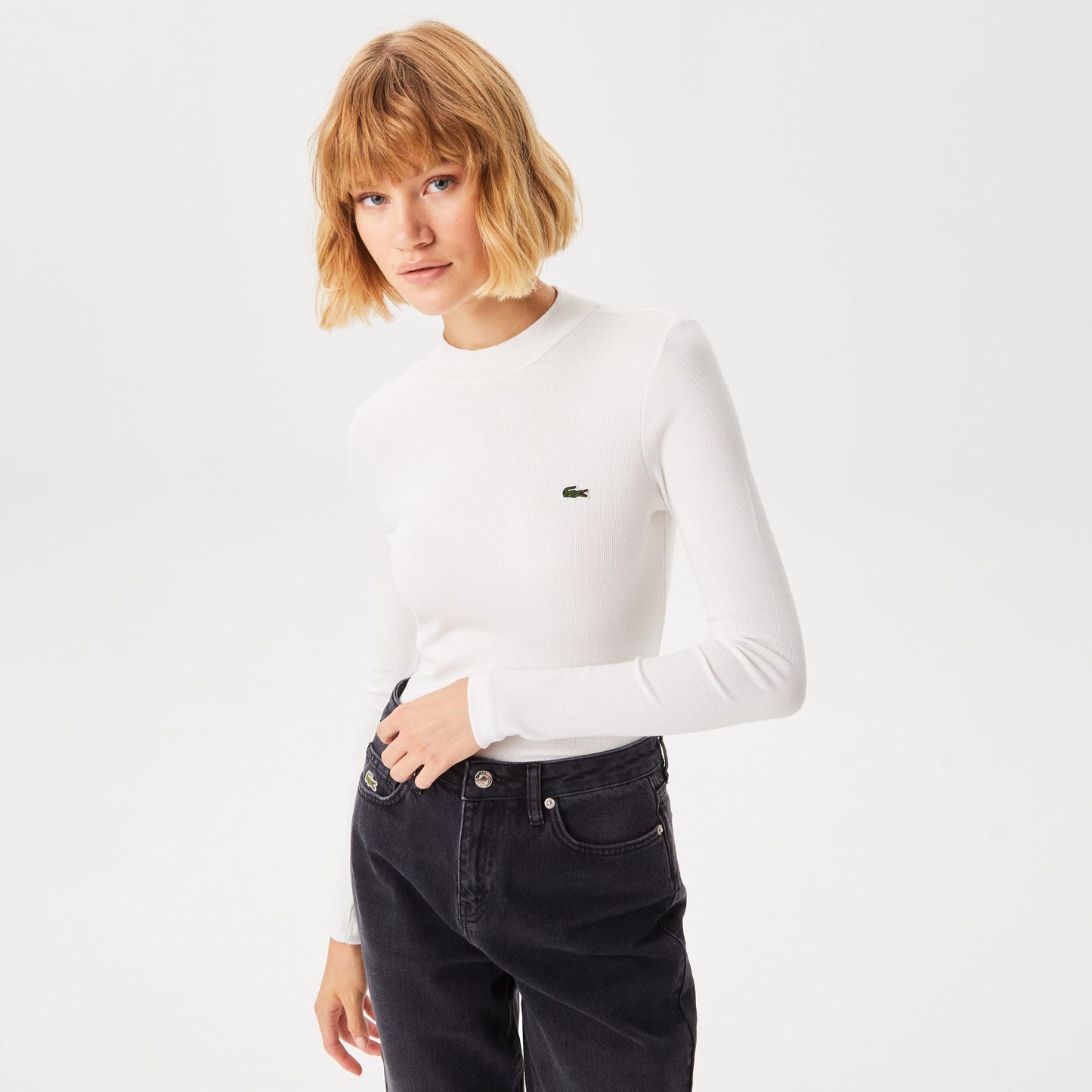 Lacoste Kadın Slim Fit Uzun Kollu Bisiklet Yaka Beyaz T-shirt