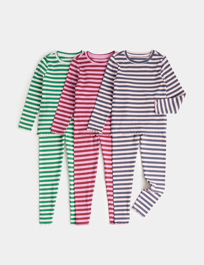 3'lü Pamuk Karışımlı Fitilli Çizgili Çocuk Pijama Takımı